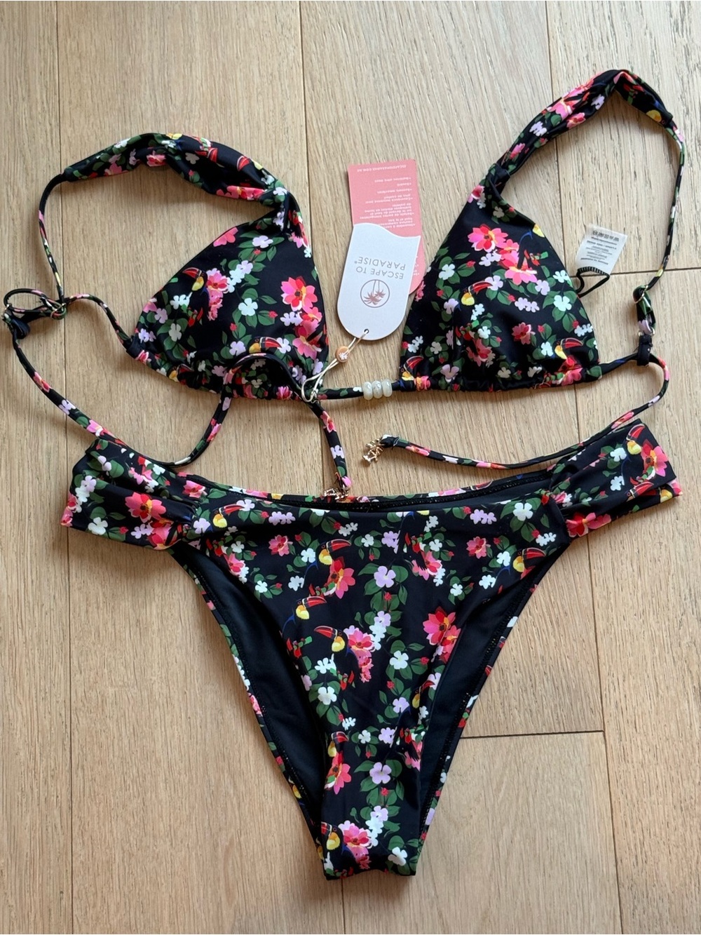 Escape to Paradise Black Floral Bikini Set Triangle Top Cheeky Bottoms XL NWT